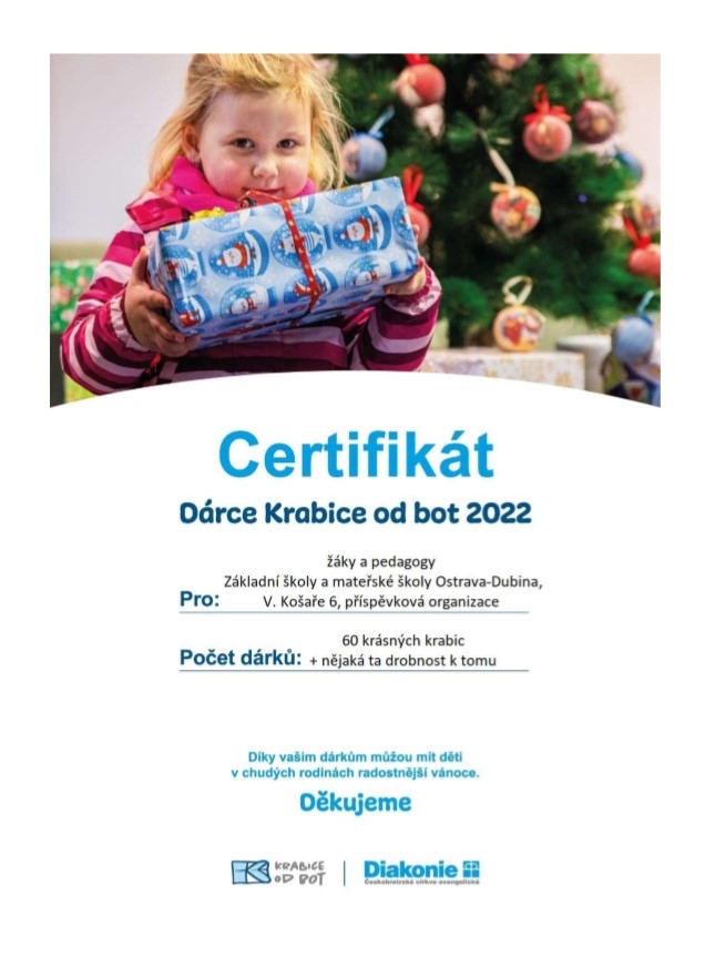 Získali jsme certifikát za dárky dětem